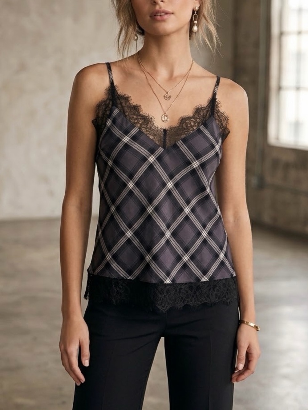 Gold Hawk Plaid Cami Top Luxe LaceTrim Medium New With Tags